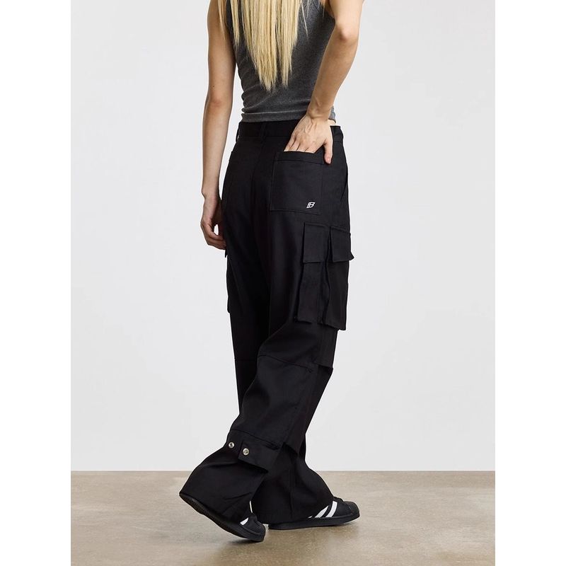 Black of Exit Original Chinese-Style Three-Dimensional Pocket Micro-Flared Cargo Pants for Men with a Sense of Design and Pleated Paratrooper Pants