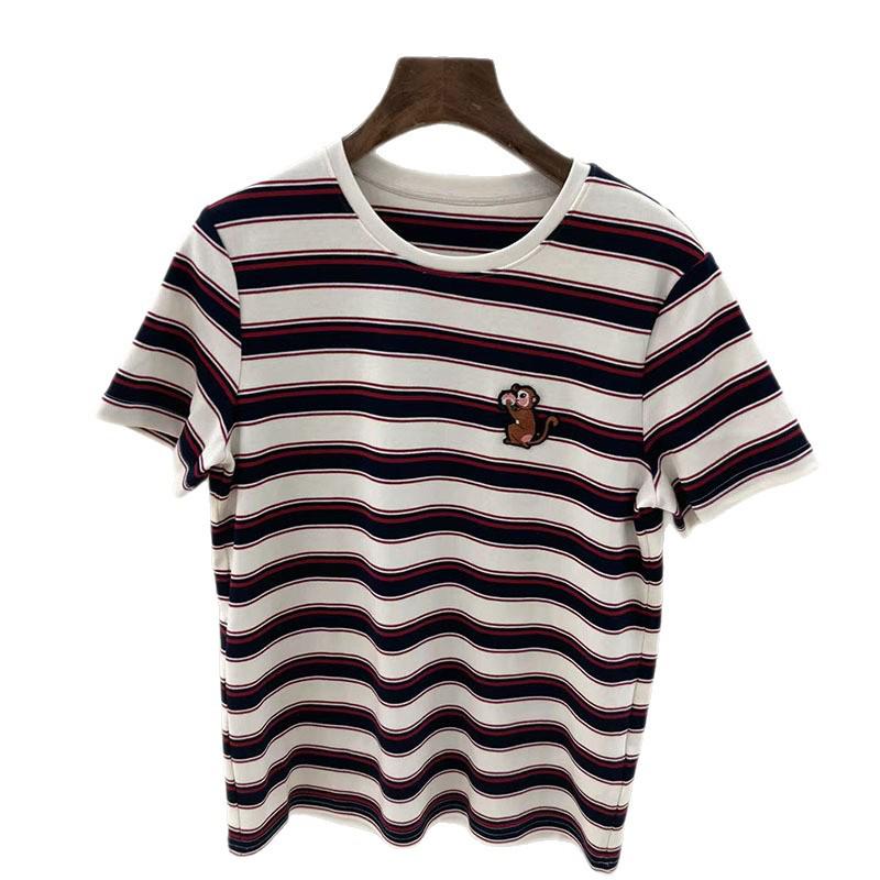 Nanyou Premium Cotton Color Block Stripe Embroidered Short Sleeve Round Neck Knit T-shirt for Women