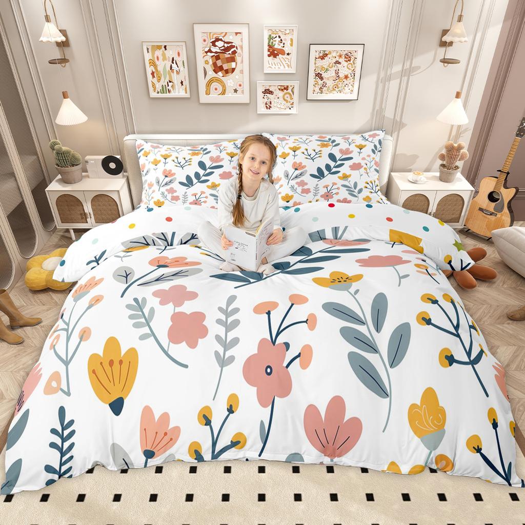 Homewish Cute Groovy Floral Duvet Cover Set for Girls, Vintage Butterfly Flower Bedding Set, Cartoon Blossom Comforter Cover Set