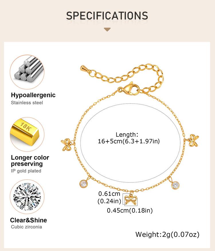 Bow Bracelet for Women 18K Gold Plated Non-Tarnish Waterproof Stainless Steel Dainty CZ Jewelry Minimalist Stackable Ribbon Gift