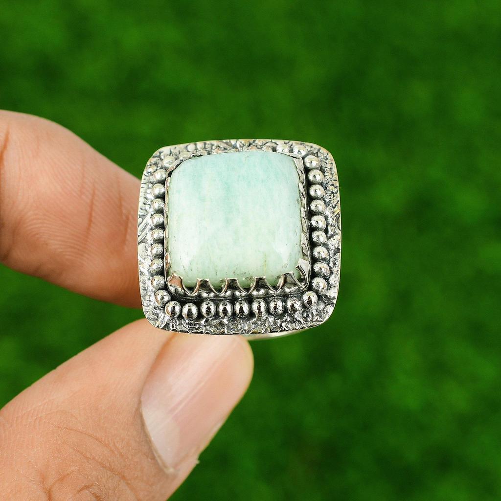 Natural Amazonite Bezel Stackable Ethnic Ring Jewelry 925 Sterling Silver US 9.5