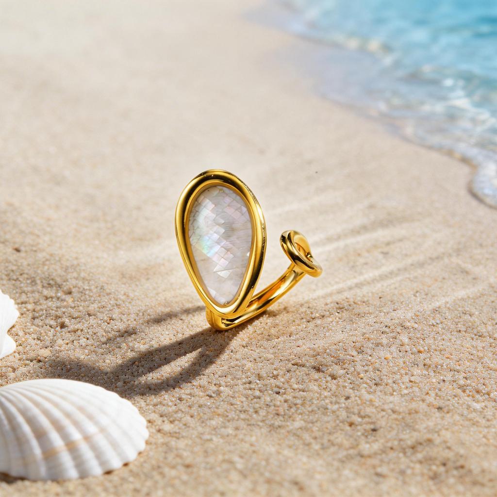 Abalone Shell Ring Natural Mother of Pearl Gold Plated Adjustable Open Irregular Geometric French Vintage Summer Beach Jewelry
