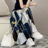 Qooth Women Summer Floral Printed Pleated Skirt Geometric Print High Waist Elegant A-line Long Skirt QT1670