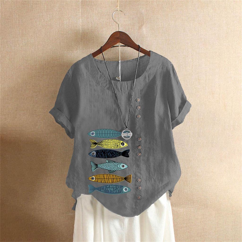 Sommer Übergröße Baumwolle und Leinen Kurzarm T-Shirt, Baumwolle und Leinen Bedruckte Übergröße Damenbekleidung
