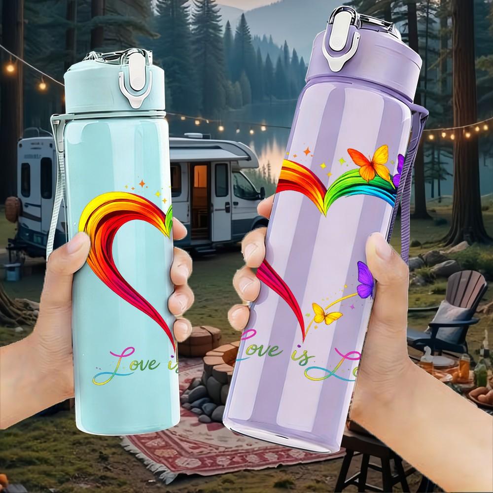 1PC Rainbow Color Heart Hand Art Print 750ml Color Plastic Sports Water Bottle Leakproof Flip Straw Lid Suitable for Sports Office Home Use