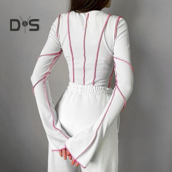 Women T-shirt Round Neck Long Flared Sleeve T-shirt Slim Fit Ribbed Three-Dimensional Line Decoration Pullover Tops Daily Wear