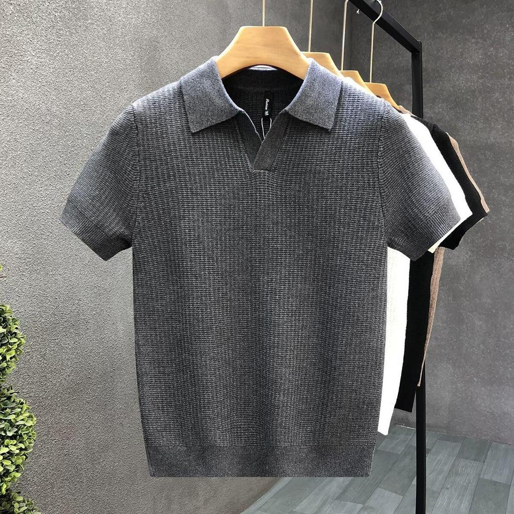 Hoogwaardige polo trui met korte mouwen, heren slim fit gebreide basislaag met revers