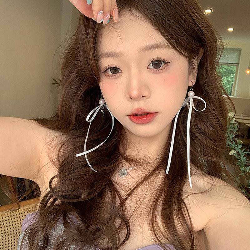 Korean Style Sweet Fresh Ribbon Bowknot Charm Stud Earrings Pearl Heart Dangle Ear Buckles For Girl Ballet Ear Jewelry