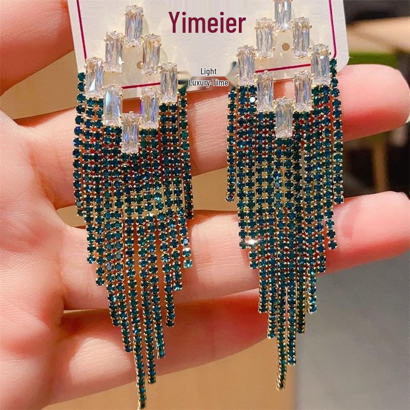 S925 Silver Needle Rhinestone Tassel Earrings - Exquisite Long Claw Chain with Colored Diamonds, European & American Style