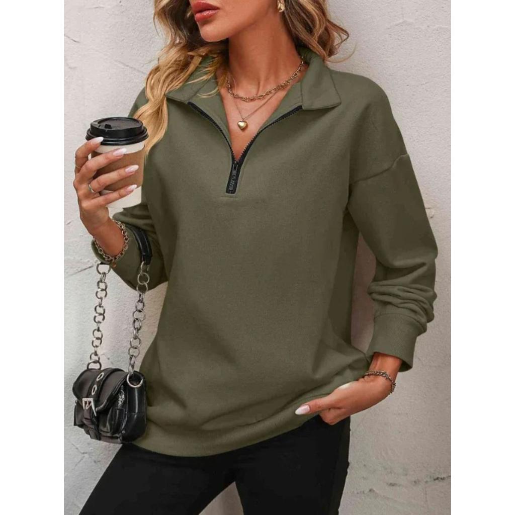 Felpa da donna con mezza zip e maniche lunghe, vestibilità ampia, casual, tinta unita, top pullover