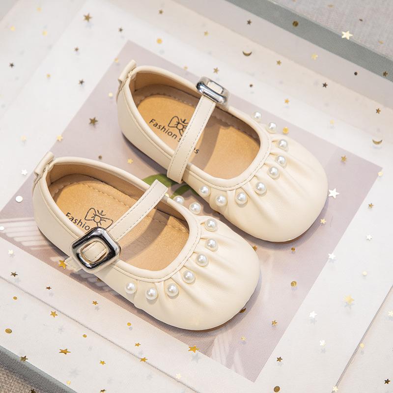 Girls' Pearl Princess Shoes, New Spring Korean Style Fashionable Versatile Children's Single Shoes, Solid Color Small Leather Shoes for Performances