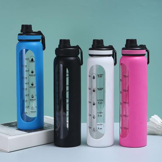 Glaswasserflasche mit Silikonhülle Zeitmarkierung 1000ml Auslaufsicher Borosilikat Wasserbecher für Sport Fitness Büro BPA-frei Getränke Geschenkidee