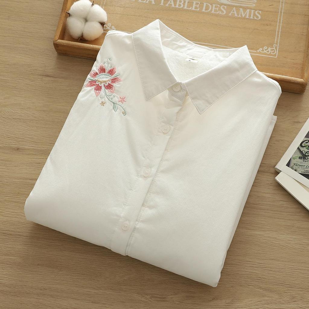 2025 Autumn/Winter Women's Sweet Embroidery Pomegranate Flower Long Sleeve Plus Velvet Full Cotton Warm Shirt