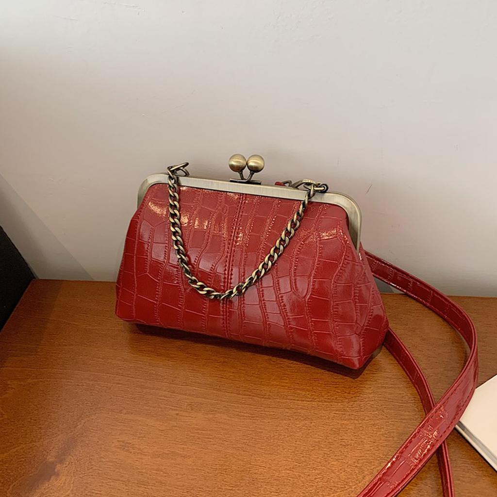 Women Girls PU Leather Kiss Lock Shoulder Bag One Shoulder Crossbody Bag Clip on Chain Handbag for Work School Travel Shopping