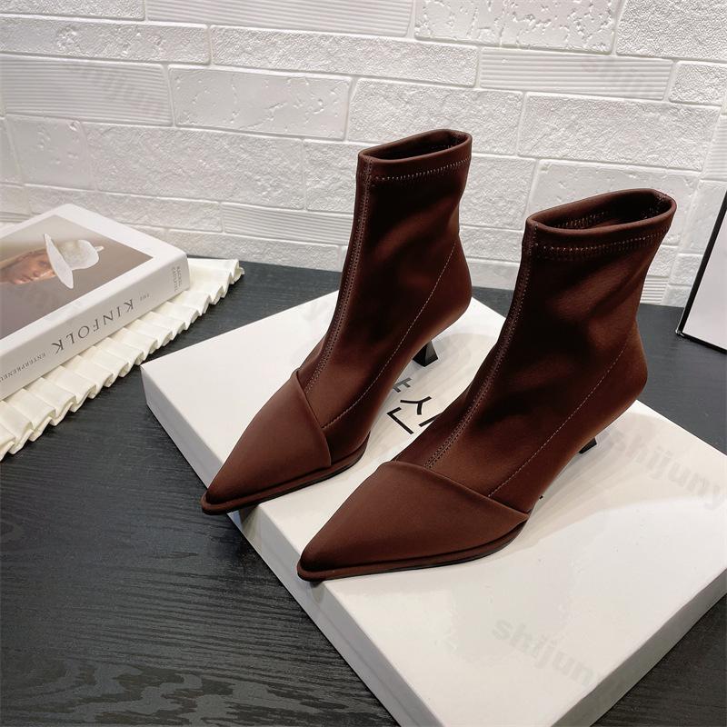 Fashion Fashion Elegant Ladies High Heels New Satin Pointed Toe Short Boots 2025 Autumn Women Thin Heel Stretch Sock Boots Female Shoes