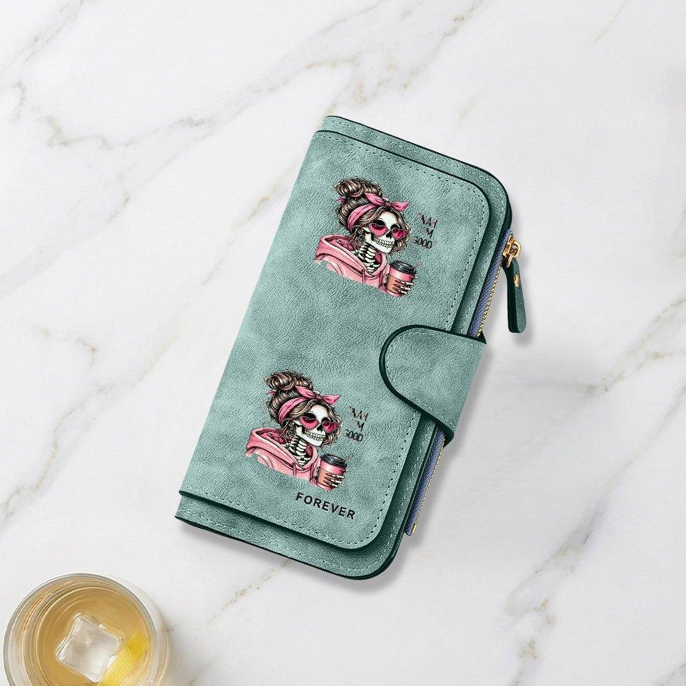 Fashionable long wallet with stylish skull and coffee cup print design eye catching multifunctional portable with clasp for coins large capacity