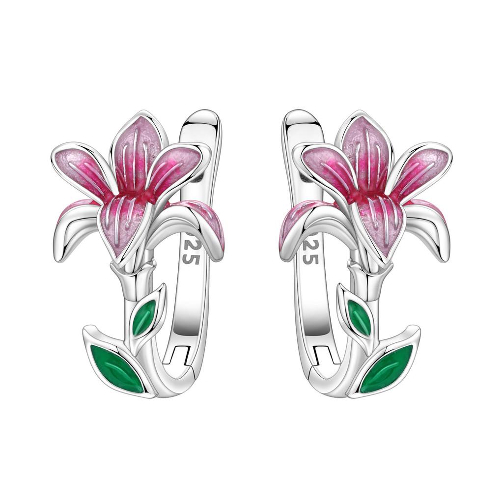 Original NEW S925 Silver Pink Purple Flowers Plants leaf Series Earring Hoop Earrings Women Jewelry Party Gifts