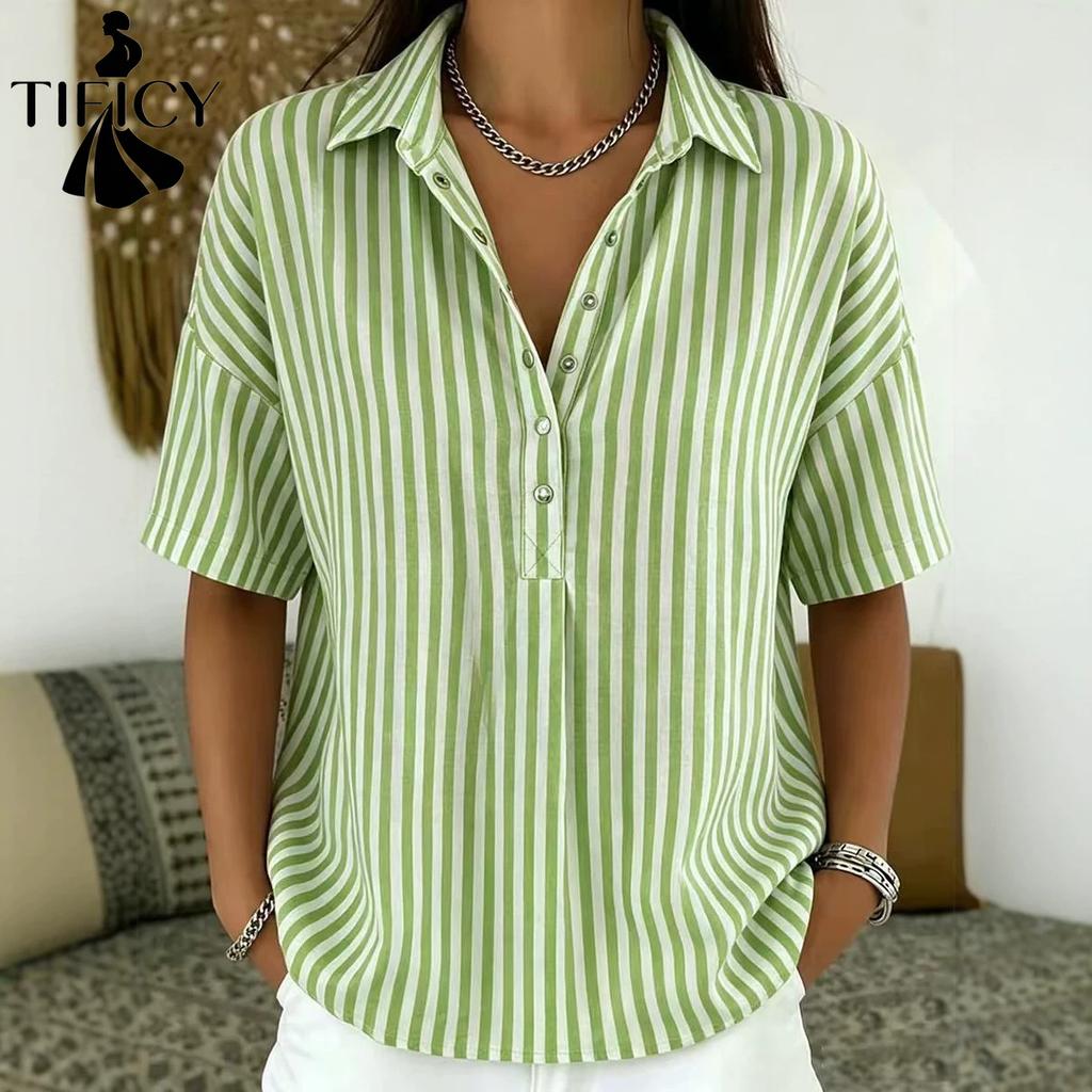 TIFICY Women's Fashion Casual Summer Spring Stripe Print Short Sleeve POLO Neck Blouses & Shirts