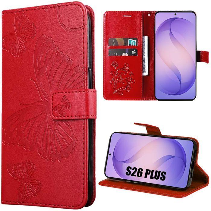 Coque pour Samsung Galaxy S26 Plus, Protection Rabat Anti-Rayures Synthécuir Motif Papillon - Rouge