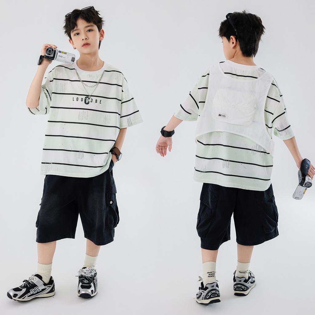 Boys' Short-sleeved Striped Summer Collection 2026 New Summer Mid to Large Boys' and Children's Casual Shorts Set Half Sleeve