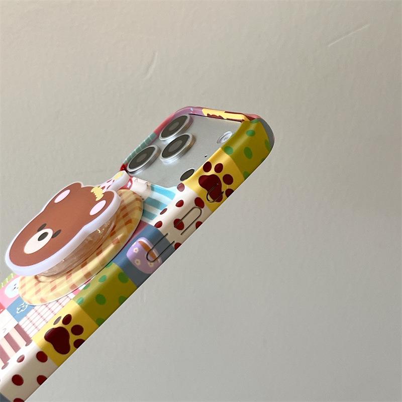 Color Patchwork Plaid Little Bear Magnetic Stand Case for iPhone 17/16 Pro Max & 15 Pro
