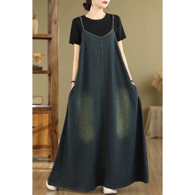 

Свободное джинсовое платье на подтяжках женское ретро ленивое платье для отдыха длинное платье Large size 3XL