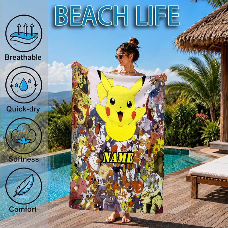 Custom Name Beach TowelPikachu Friends Microfiber Beach Towel Super Soft & Absorbent for Bath, Beach, Travel  Bath Time Accessory, Fan gifts