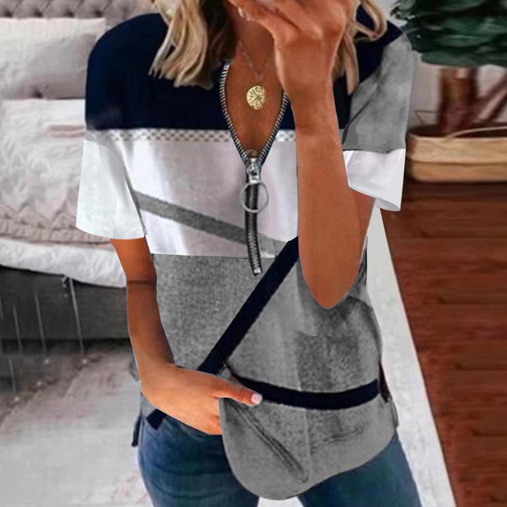Fashion Women's T-shirt Summer New Style Women's Zipper Printing Loose Soft Short-sleeved Top