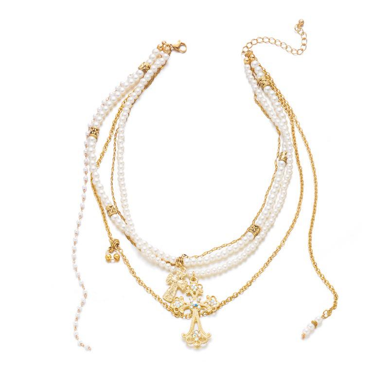 2026 Handmade Multi-Layer Beaded Baroque Cross Necklace Retro Clavicle Chain
