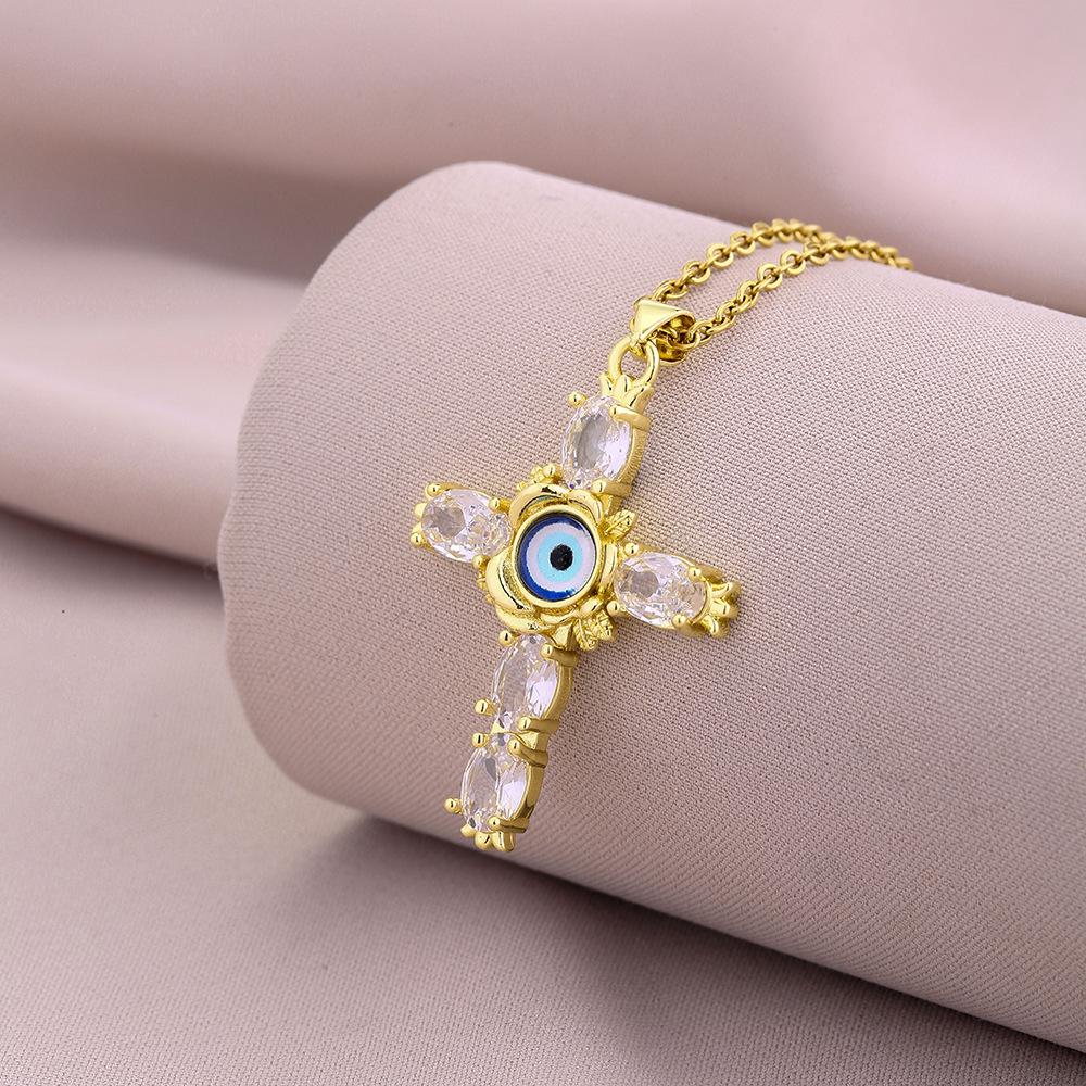 New Zircon and Eye Cross Necklace Girlfriends Couple Simple Sweet Temperament Titanium Steel Clavicle Chain Neck Chain