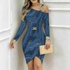 Women Plus Size Asymmetric Cold Shoulder Long Sleeve Green Black Marble Print Irregular Wrap Bodycon Midi Dress