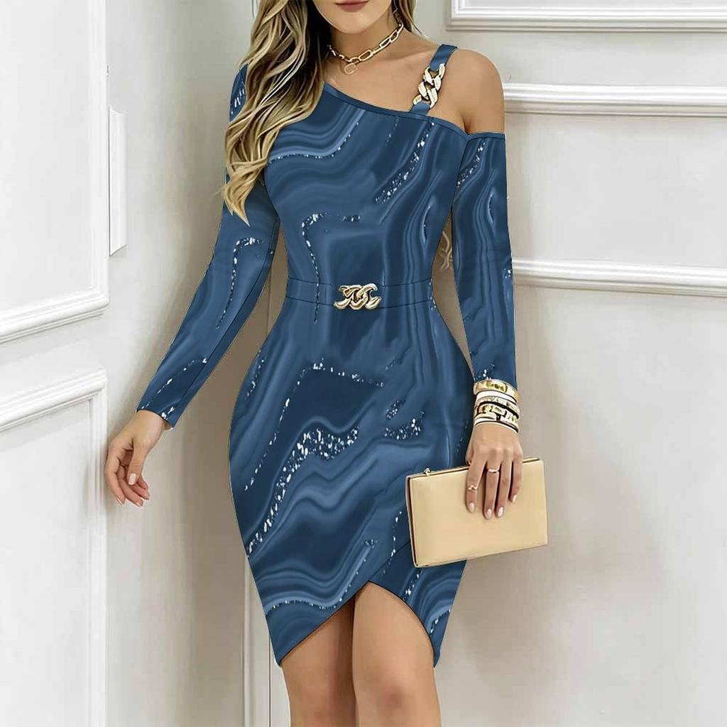 Women Plus Size Asymmetric Cold Shoulder Long Sleeve Green Black Marble Print Irregular Wrap Bodycon Midi Dress