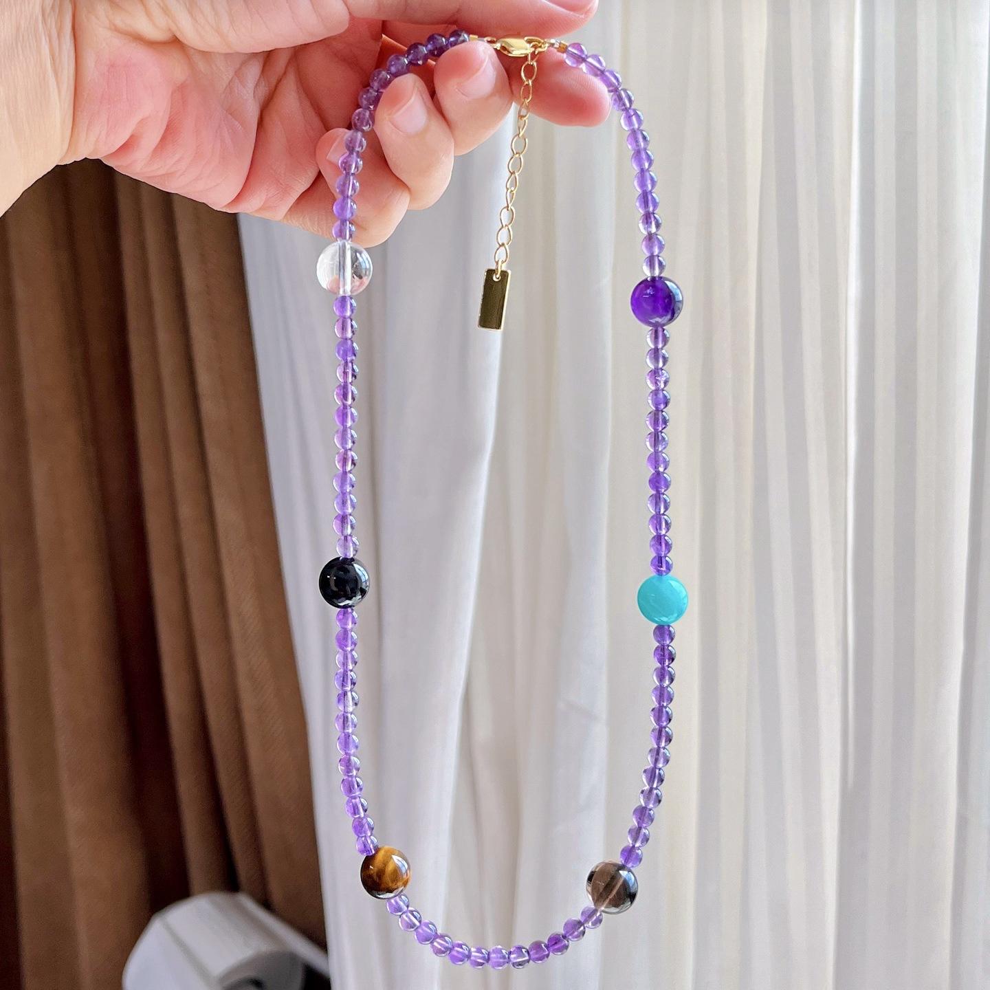 High Quality Natural Amethyst White Crystal Tiger S Eye Stone Tianhe Stone Clavicle Chain Necklace
