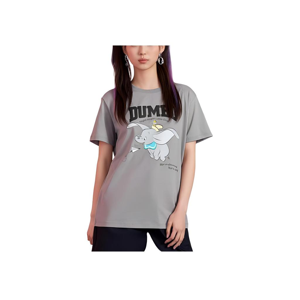 Li Ning X Disney Kollaboration Dumbo Serie Cartoon-Print Lockeres Sport-Kurzarm-T-Shirt Damen Tops Frostgrau AHSRA64-4