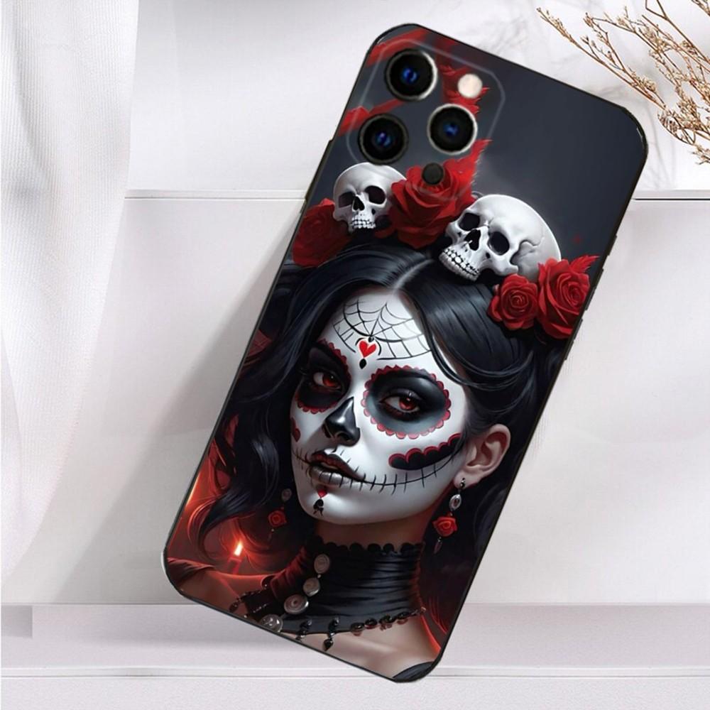 Mexican Catrina Skull Girl Phone Case For iPhone 16,15,14,13,12,11 Plus,Pro Max,XS,X,XR,SE,Mini,8,7 Soft Silicone Black Cover
