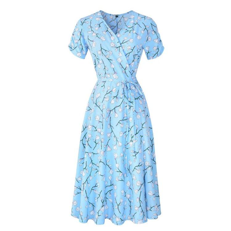 Bohemian Beach Dress Women Chiffon V Neck Short Sleeve High Waist Big Hem Spring Summer Print Sizes S to XXL