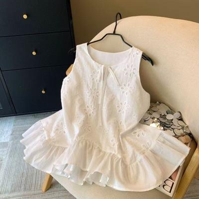 Women White Floral Cutout Sleeveless Blouse With Tie Neck And Ruffle Hem Casual Summer Top