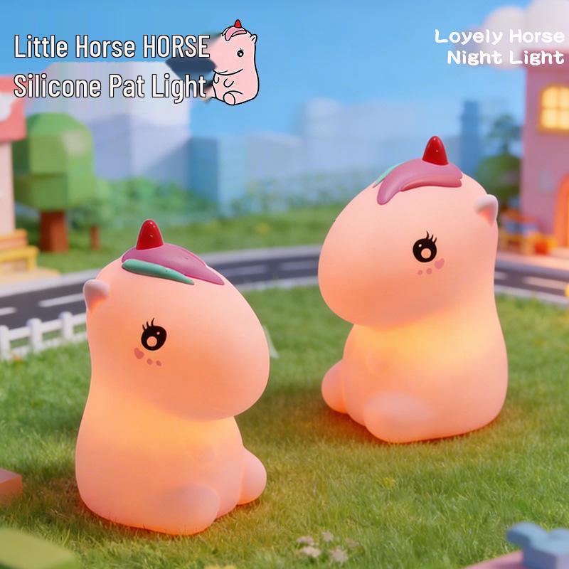Cute Pink Pony Silicone Night Light: Adjustable Seven-Color Soft Glow for Bedroom or Desk