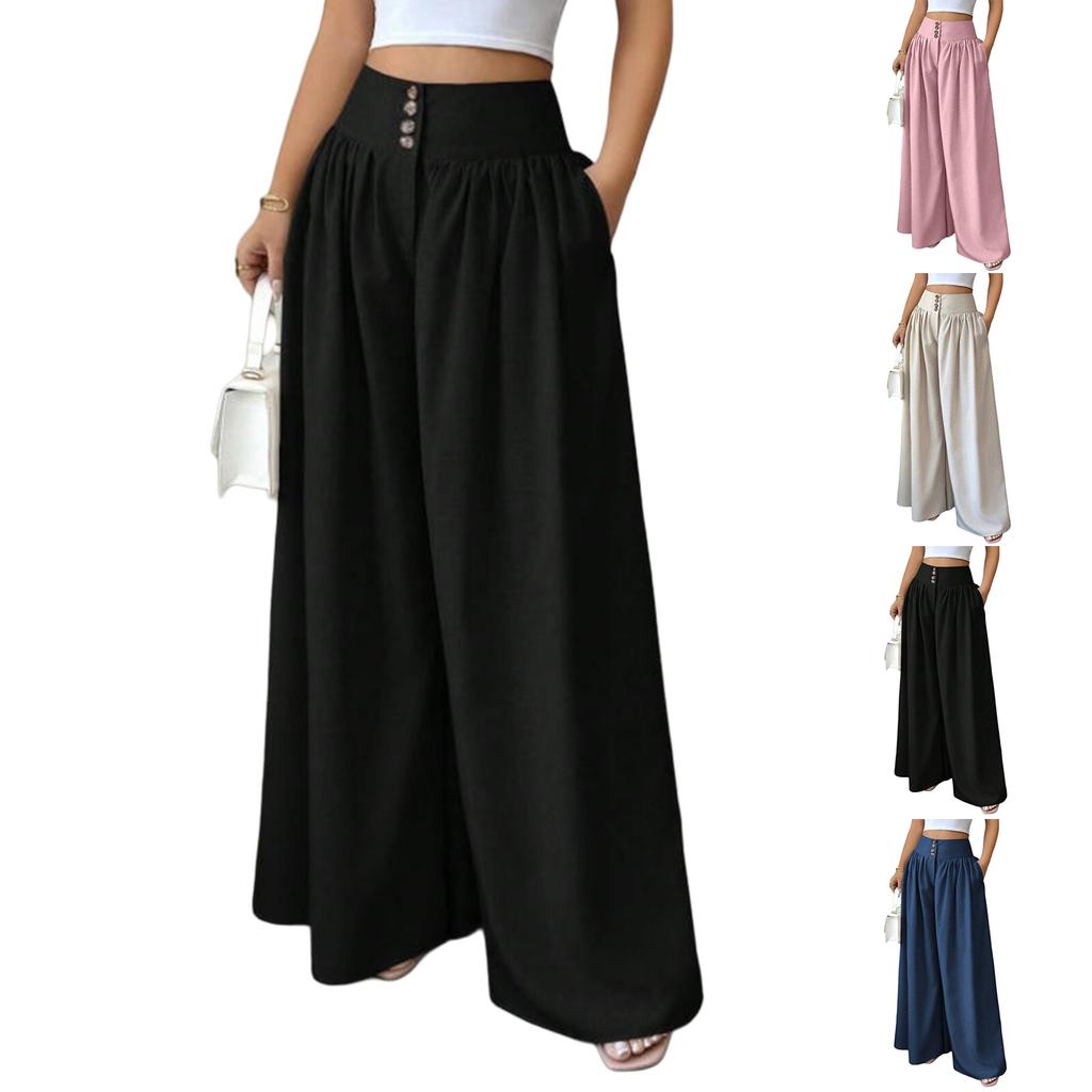 Women's Casual Button Pleated Loose Wide Leg Casual Pants