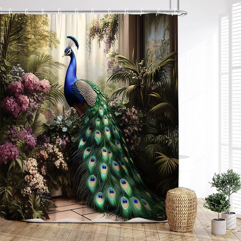 Floral Peacocks Shower Curtain Tree Cave Jungle Flowers Green Plants Birds Modern Home Bathroom Decor Bath Curtains With Hooks