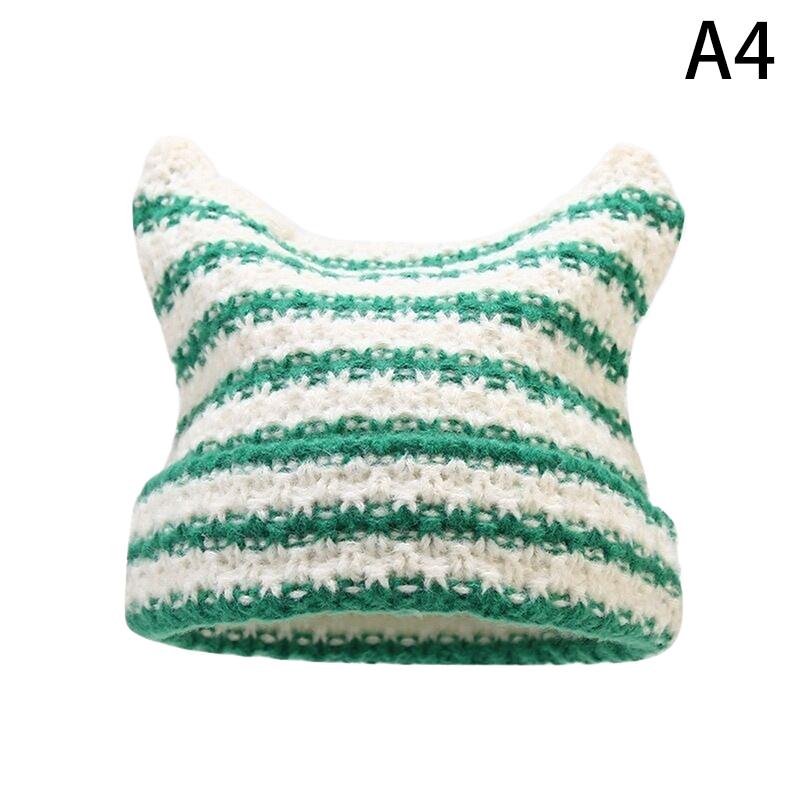 Japanese Streetwear Harajuku Beanie Little Devil Striped Knitted Hat Women Girls Autumn Winter Cute Cat Ears Cap