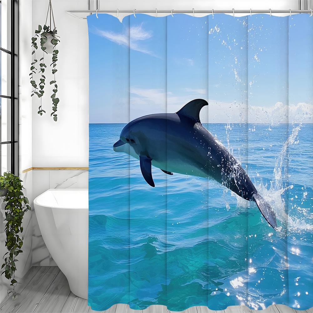 Ocean Dolphin Leaping Out of the Sea Shower Curtain, Bathroom Decorative Shower Curtain, Waterproof Shower Curtain with Hooks