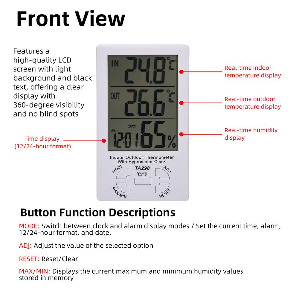 Indoor Outdoor Thermometer Hygrometer Clock Alarm Digital LCD Display C/F Temperature Humidity Meter 1.5M Sensor Probe