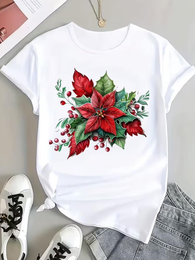 (Asian Size) Peace Trend Christmas Clothing T Shirt Tee Top Festival New Year Women Fashion Print Female Woman Short Sleeve Graphic T-shirts