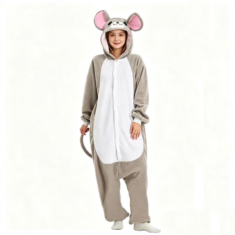 Szary Mysz Kigurumi dla Dorosłych Piżama Anime Kombinezon z Kapturem Polarowy Cosplay na Halloween Odzież Domowa