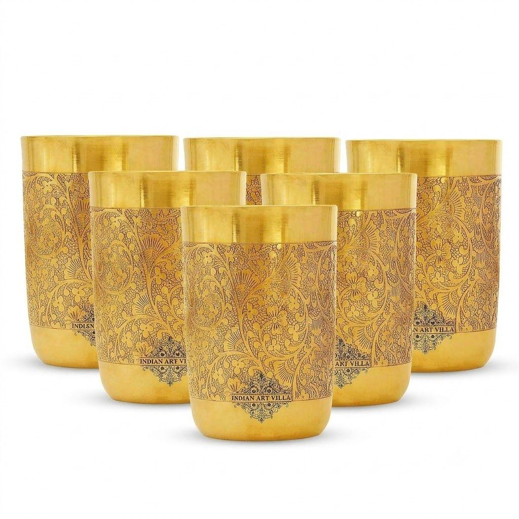 Pure Brass Glass Tumbler with Floral Embossed Straight Design, for Drinking Serving Water, Yoga & Ayurveda, Volume-300 ML, Set of 6
