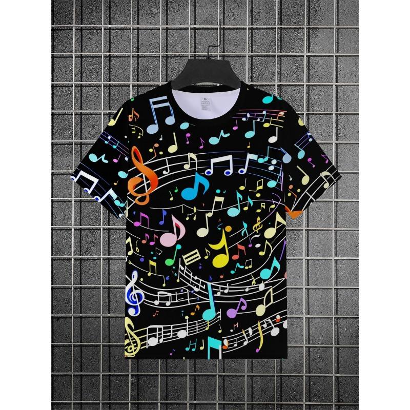 Men's Cool Music Note Print T-Shirt With Colorful Melody Pattern And Black Background, Stylish Short Sleeve Summer Top For Casual Daily Wear