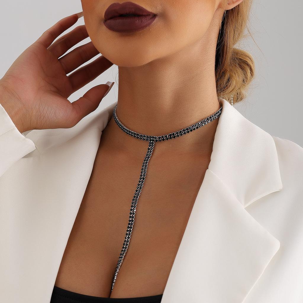 Accessories T-Shaped Sexy Black Full Diamond Double Neck Chain Long Necklace Women'S Clavicle Claw Diamond Chain Necklace