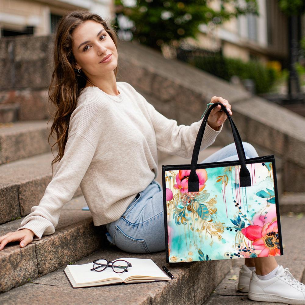 Watercolor Floral Print Casual Tote Bag Lightweight Large Capacity Daily Use Handbag