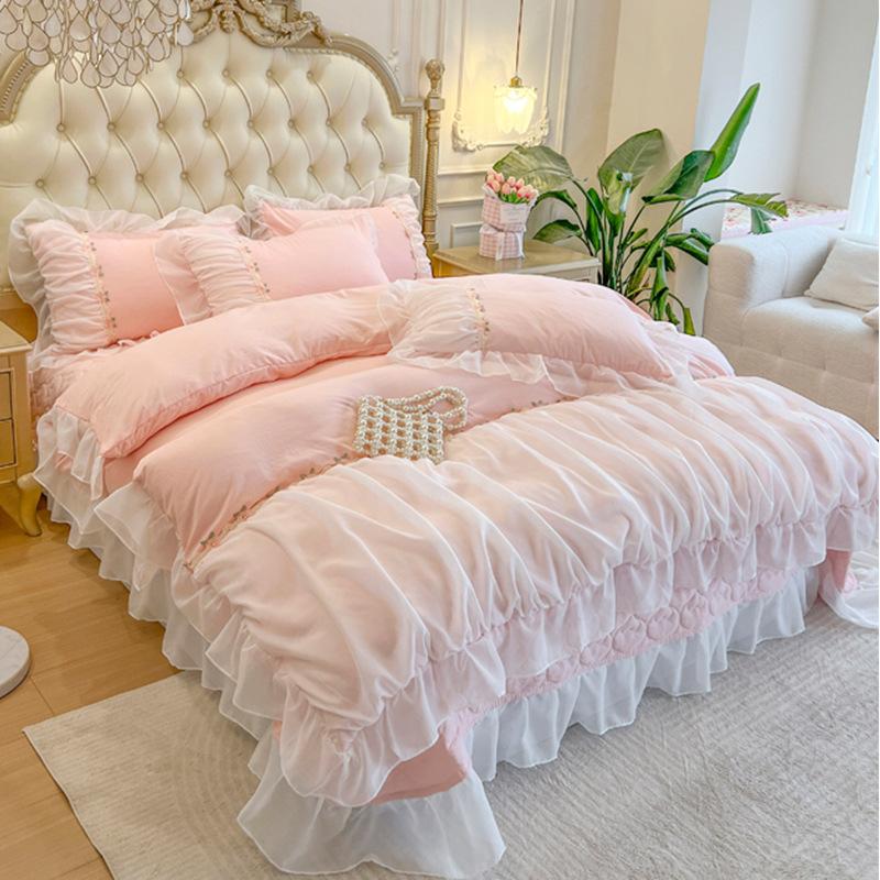 Light Luxury French Chiffon Side Bed Set Four-piece Set Washed Skin-friendly Breathable Bed Sheet Quilt Cover Pillowcase